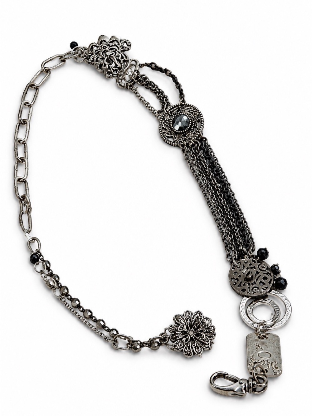 Chico's metal belt chain length silver flower tarnished aged adjustable size